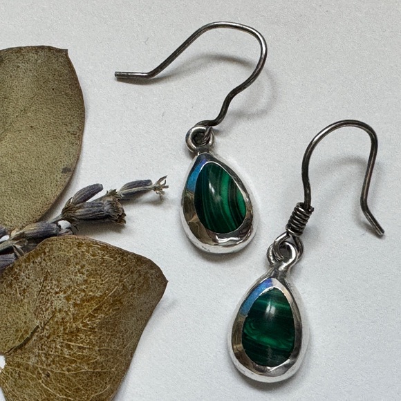 Sterling Silver Malachite Dangle Drop Earrings - Picture 8 of 9